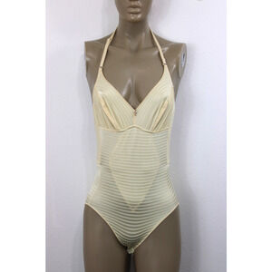 Vintage 70s 80s Flexees Cream Nylon Shapeware Bodysuit Romper Lingerie 36 B USA